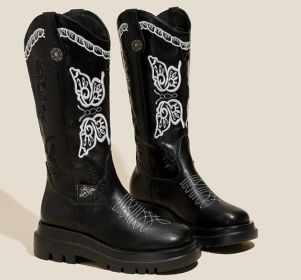 All-match Butterfly Embroidery Cowboy Boot (Option: Black Leather Lining-39)