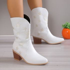 Women's Embroidered Knight Boots Winter Pointed Toe Chunky Heel Long Western Boots (Option: White-39.)