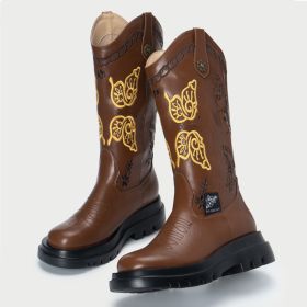 All-match Butterfly Embroidery Cowboy Boot (Option: Dark Brown Plus Velvet-35)