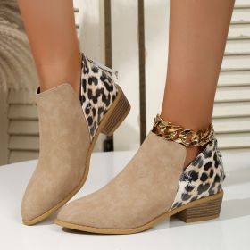 Fashion Leopard Print Boots Women Pointed Toe Chunky Heel Back Zipper Shoes (Option: Khaki-40.)