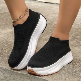 Fashion Thick-soled Ankle Boots Women Casual Round Toe Socks Shoes Breathable Solid Color Short Boots Sports Shoes (Option: Black-38.)