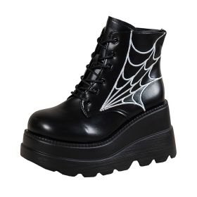 Platform Wedge Dr Martens Boots Autumn And Winter Spider Web Round Toe Lace-up Short Leather Boots (Option: Black-35)