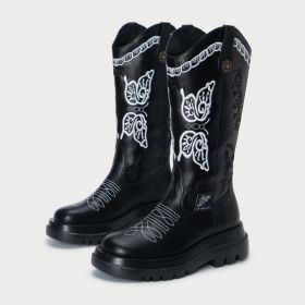 All-match Butterfly Embroidery Cowboy Boot (Option: Black Plus Velvet-35)