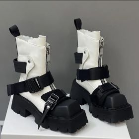 Leather Female Square Toe Thick Bottom Front Zip Ankle Boots (Option: White-34)