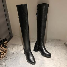 Chunky Heel Women's Over-the-knee Boots Long Boots 5cm Plus Velvet (Option: Black Cotton Lining-36)