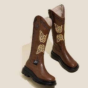 All-match Butterfly Embroidery Cowboy Boot (Option: Dark Brown Leather Lining-35)