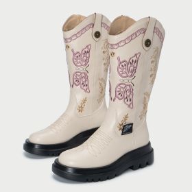 All-match Butterfly Embroidery Cowboy Boot (Option: White Leather Lining-35)