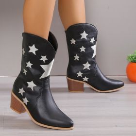 Women's Embroidered Knight Boots Winter Pointed Toe Chunky Heel Long Western Boots (Option: Black-42.)